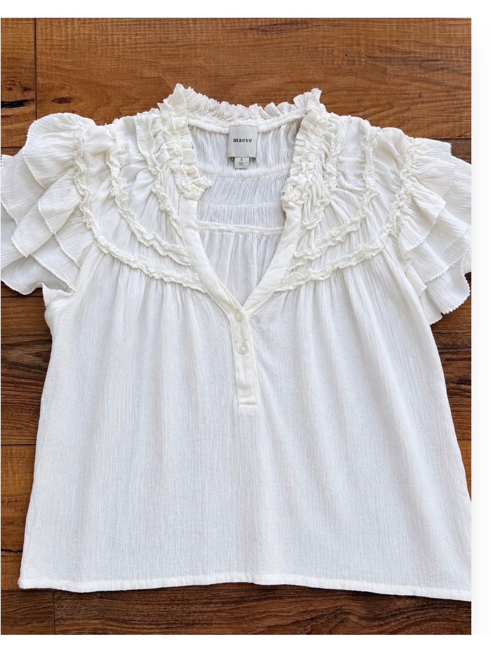 Maeve Anthropologie White Ruffle Flutter Sleeve Blouse – Size Small